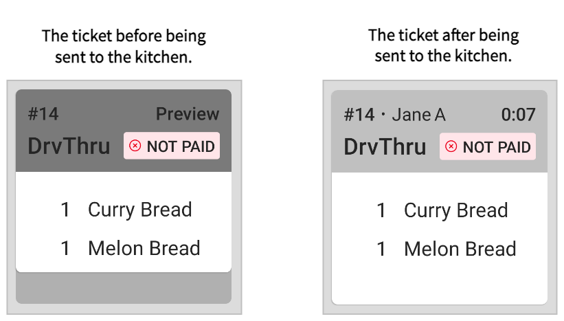 An example of a grid view ticket, with preview tickets enabled, before and after the order is sent. The ticket displays a shaded portion and PREVIEW on the preview ticket before the order is sent, and no shaded portion and a fire timer on a regular ticket after the order is sent.