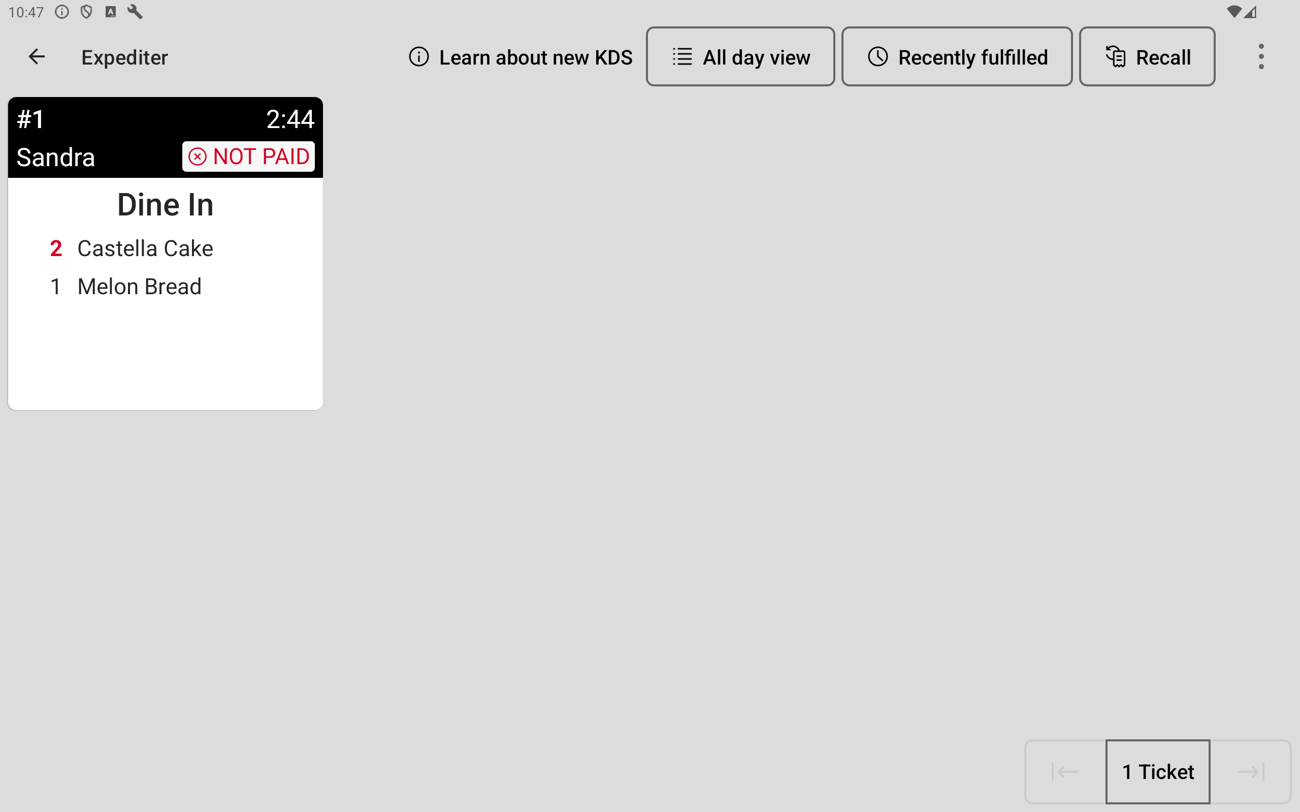 An example of a ticket that fits a single grid space on an expediter KDS device.