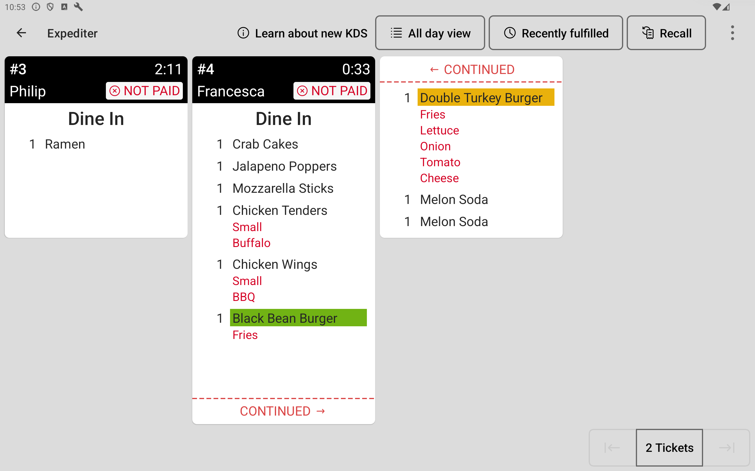 An example of a KDS device using grid layout with a ticket that covers two columns.