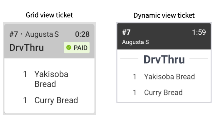 A comparison of a kitchen ticket in both grid view and dynamic view.