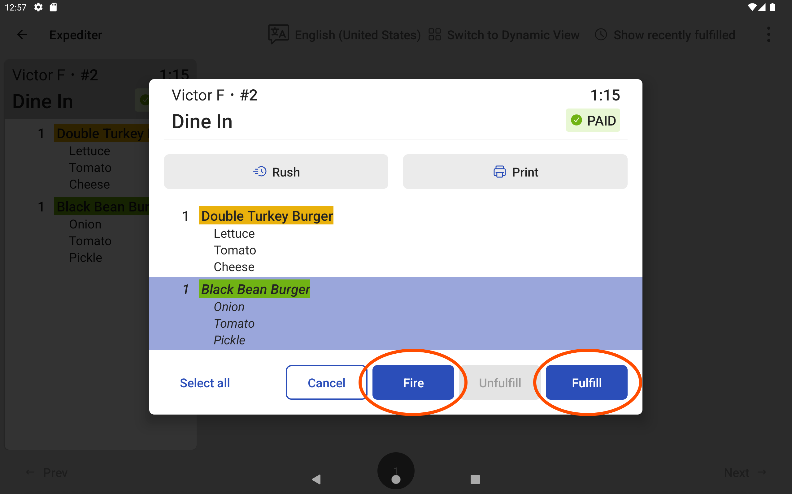 The ticket dialog for an expediter KDS device ticket with the Fire and Fulfill options for the menu item.