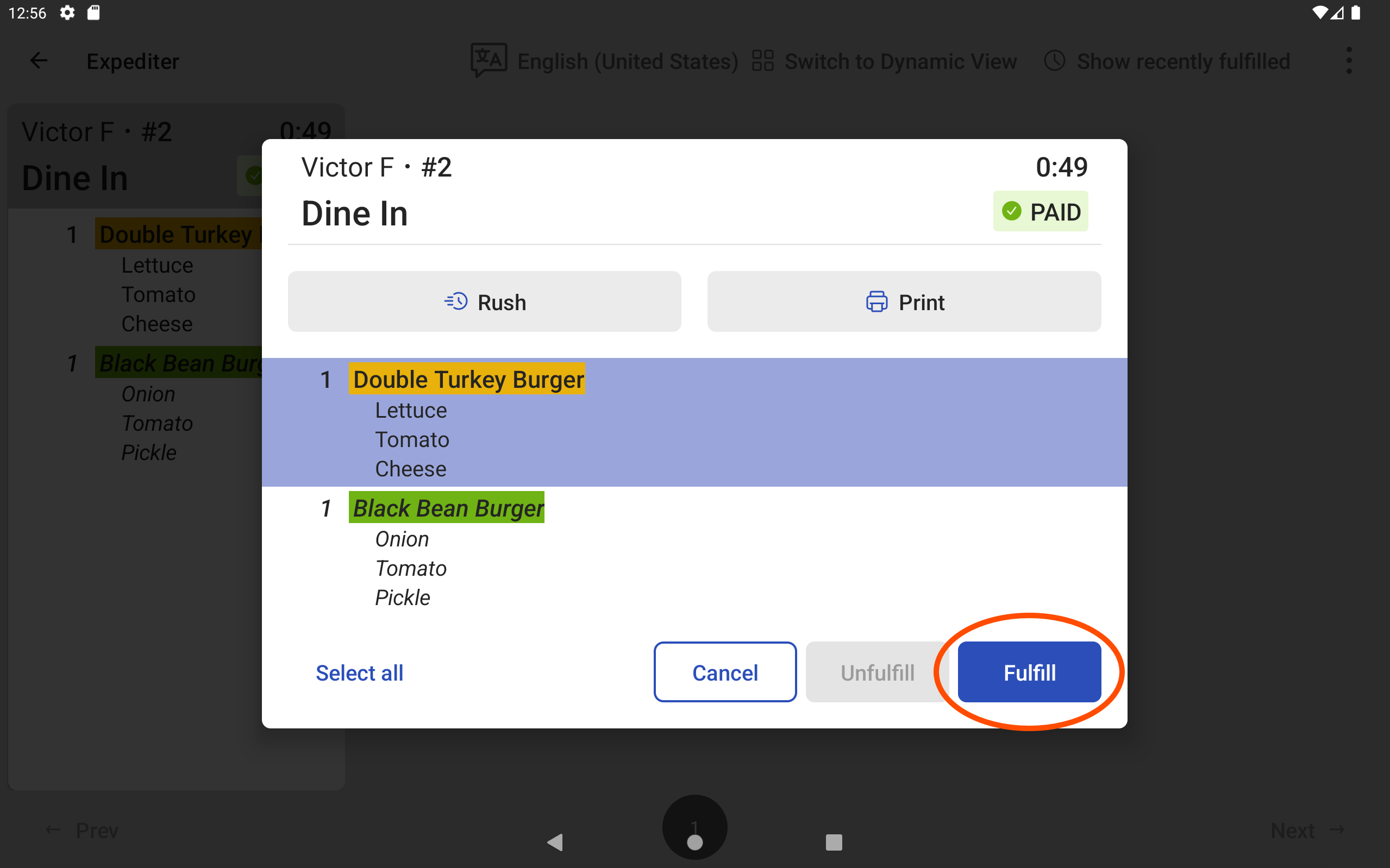 The ticket dialog for an expediter KDS device ticket with the Fulfill option for the menu item.