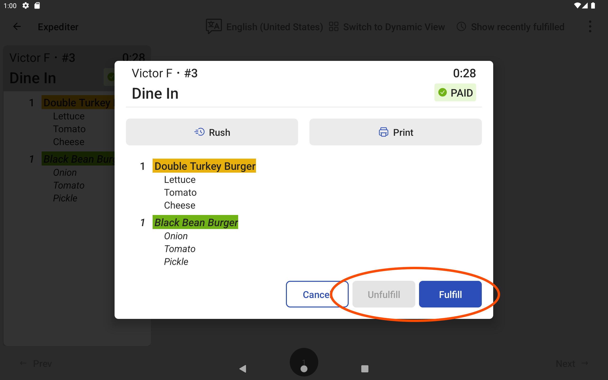 The ticket dialog for an expediter KDS device ticket with the Fulfill option for the ticket.