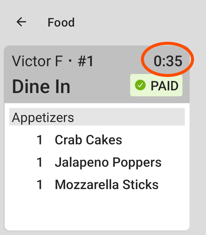 A prep station KDS device ticket showing a timer in the top right corner.