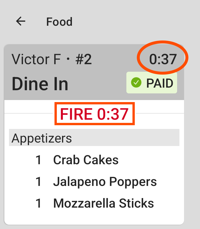 A prep station KDS device ticket showing a ticket timer in the top right corner and a fire timer above the course heading.