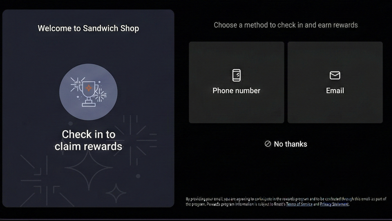 The guest facing display showing the sign in options available for a location. In this example, the phone number and email options are shown.