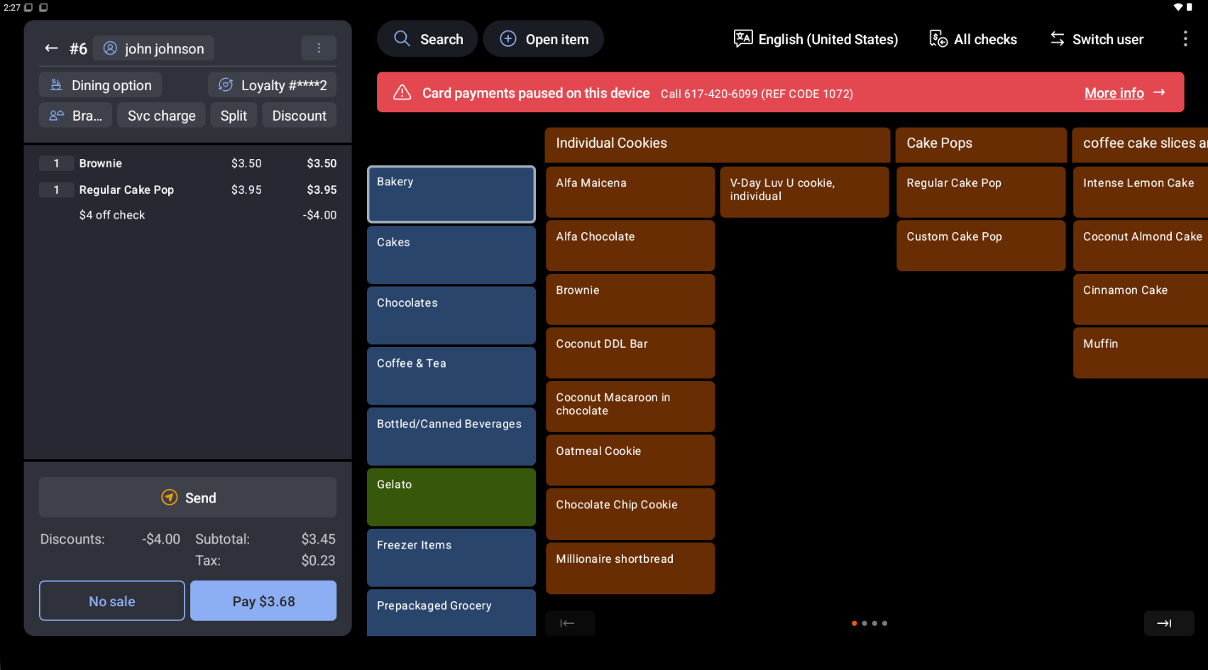 A screenshot of the Toast POS app for employees, showing a loyalty program reward added to a check.