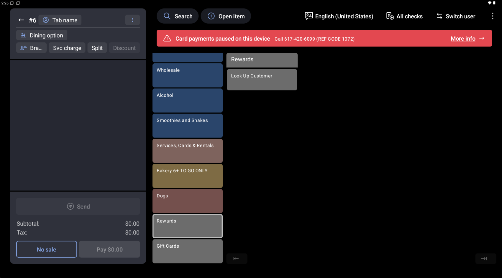 A screenshot of the Toast POS app for employees, showing the rewards button for an order.