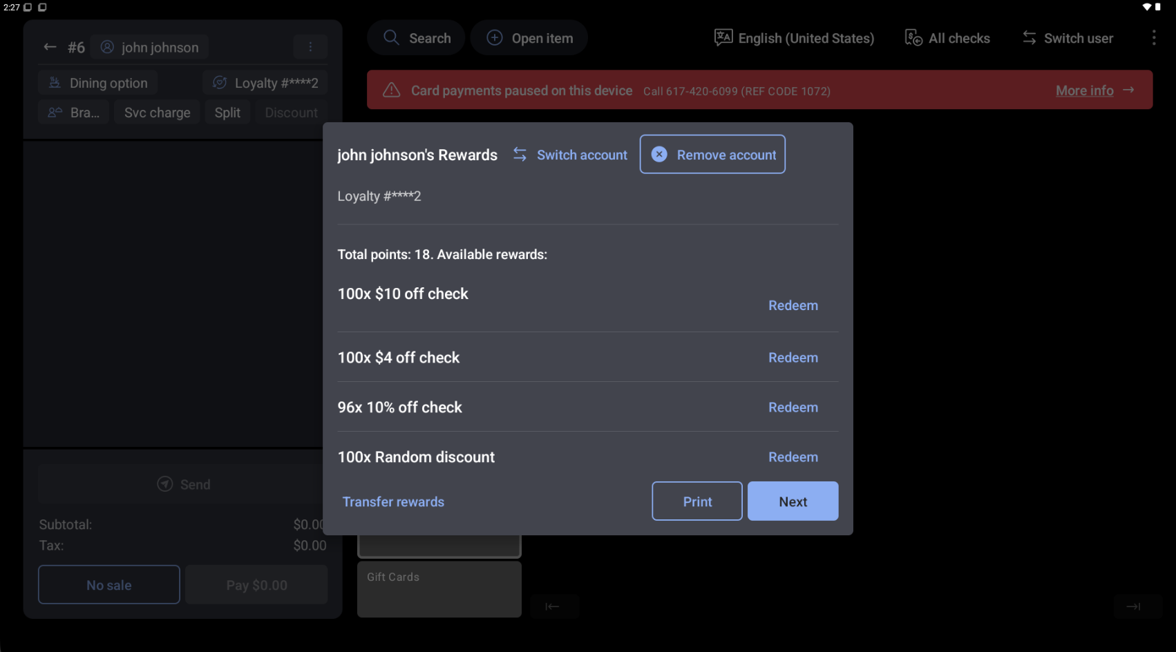 A screenshot of the Toast POS app for employees, showing the loyalty program rewards available for an order.