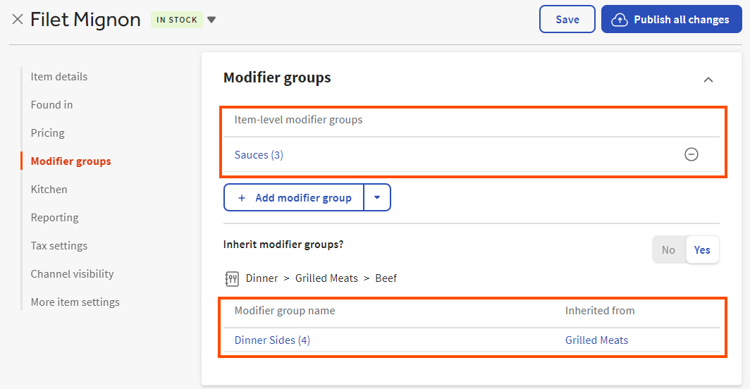 An example of a menu item that has both an inherited modifier group and an item-level modifier group.