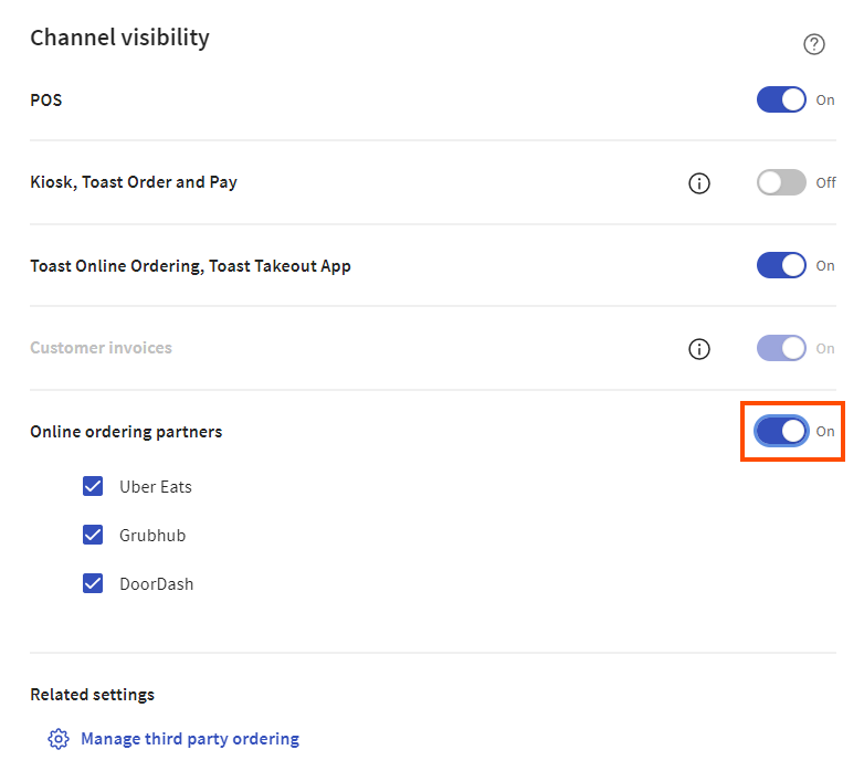 The location of the Online ordering partners setting.