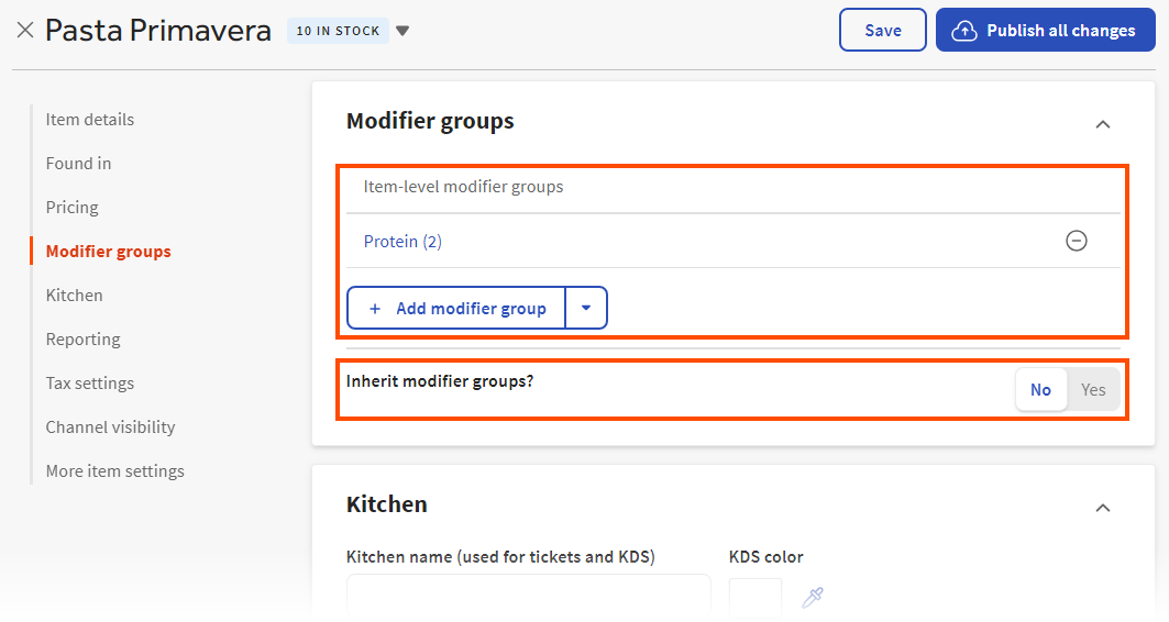 An example of a menu item with the Inherit modifier groups? setting set to No.