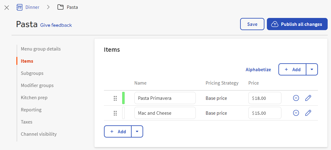 A menu group details page showing the Items table.