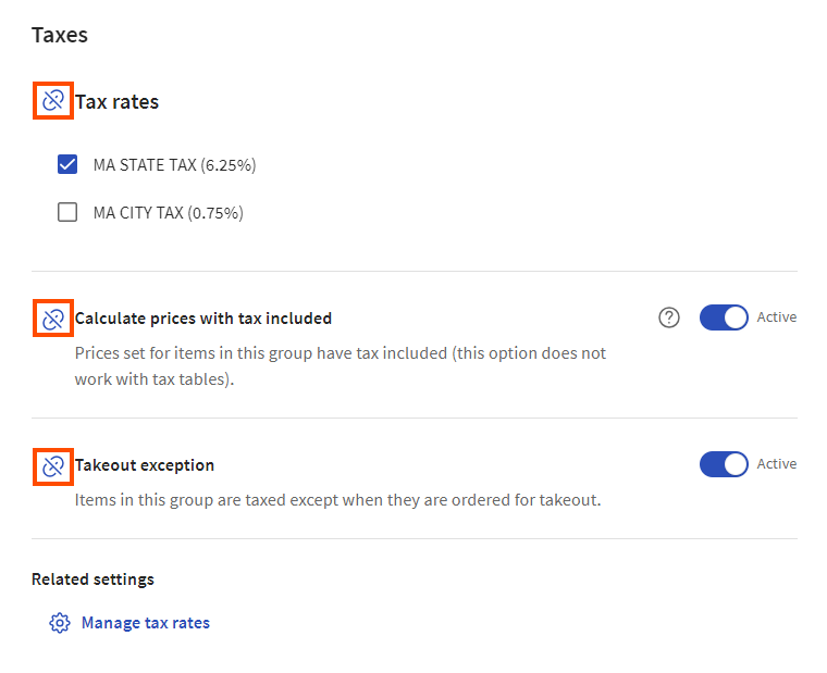 Example of a menu group that does not inherit its tax rates and tax behavior settings.