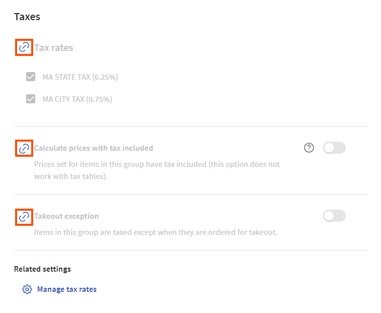 Example of a menu group that inherits its tax rates and tax behavior settings.