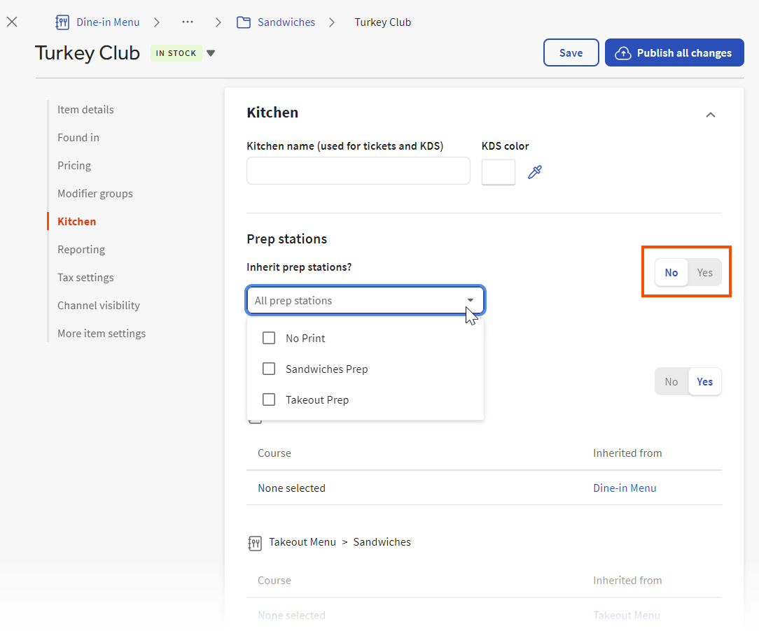 An example of a menu item with the Inherit prep stations? setting set to No.