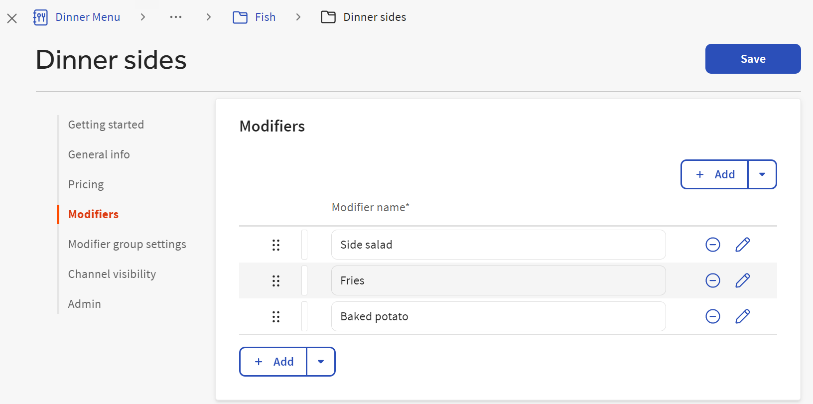 A modifier group details page with the Modifiers section displayed.