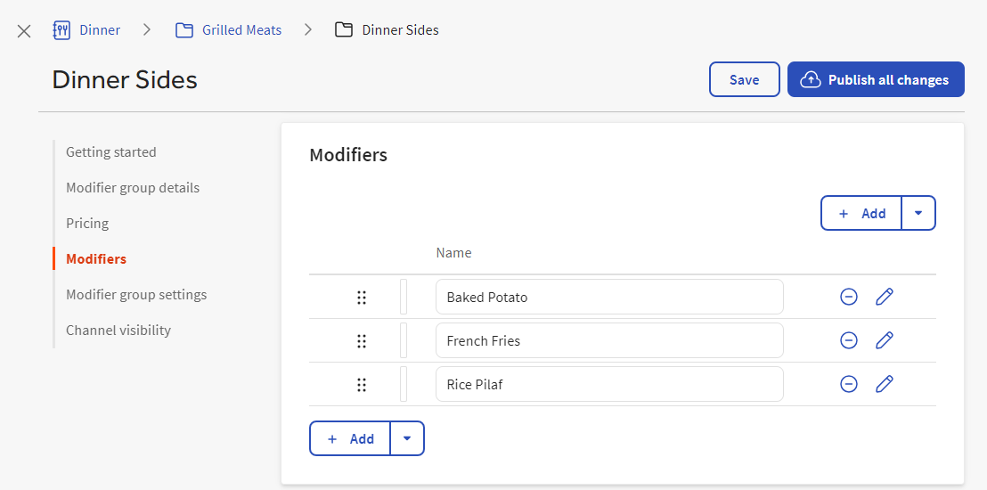 A modifier group details page with the Modifiers section displayed.