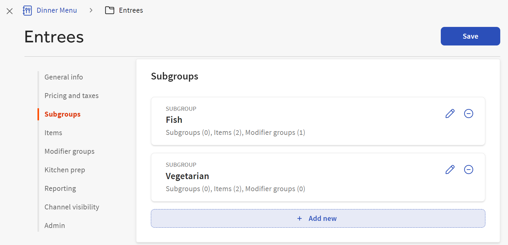 A menu group details page with the Subgroups section displayed