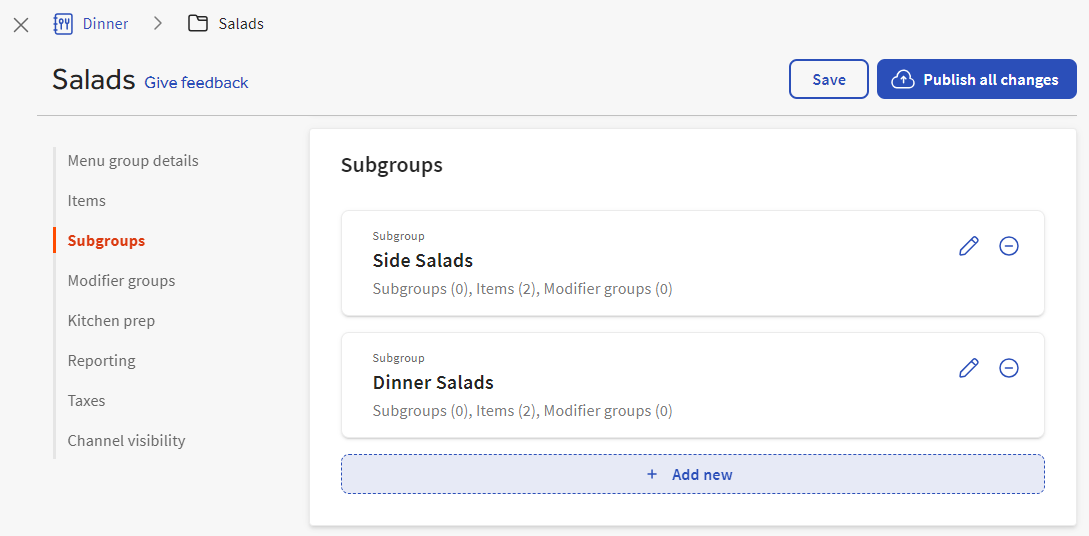 A menu group details page with the Subgroups section displayed.