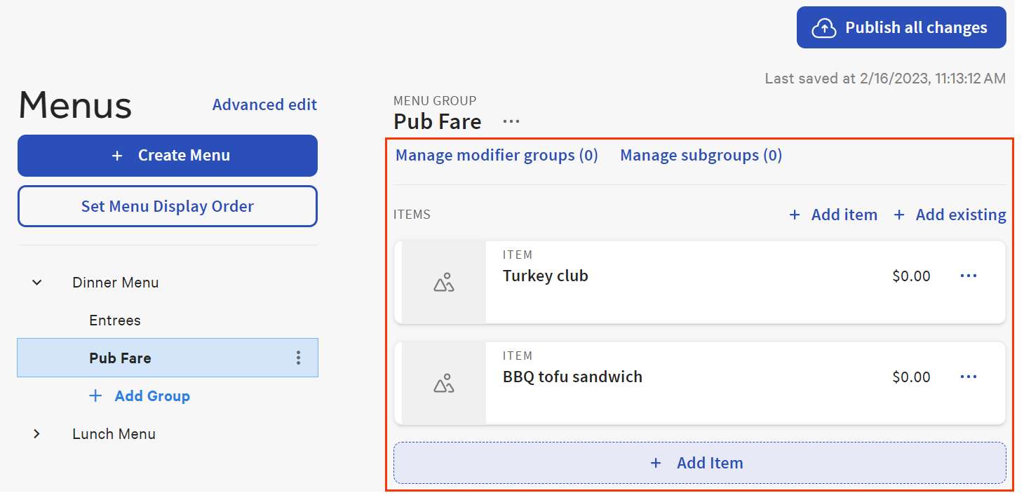 A menu group as it is displayed on the menu builder home page