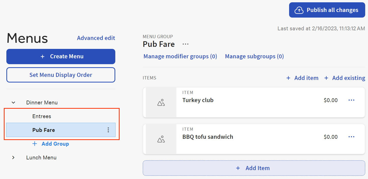 The menu builder landing page with a menu expanded to show its menu groups