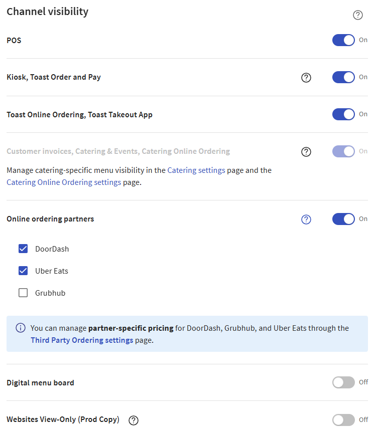 Online ordering partner settings in the menu builder.
