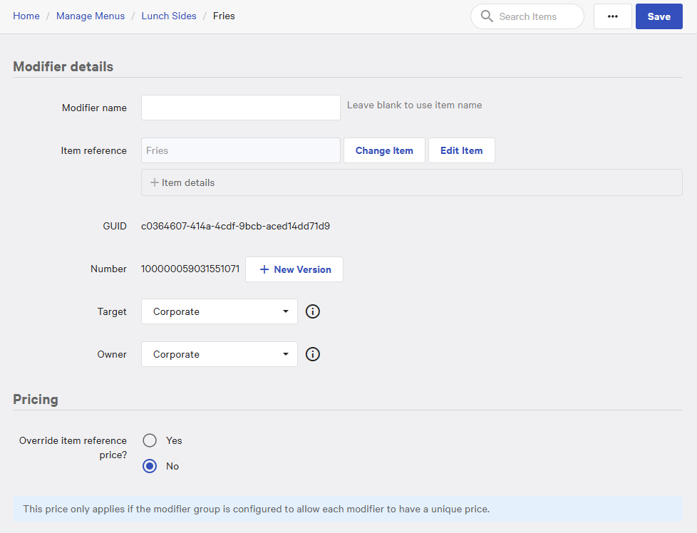 An example of the classic modifier details page.