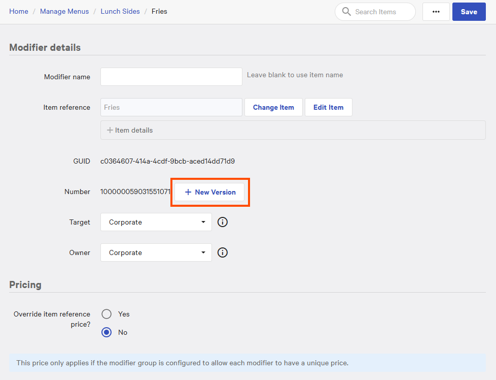 The location of the New Version button on the classic modifier details page.