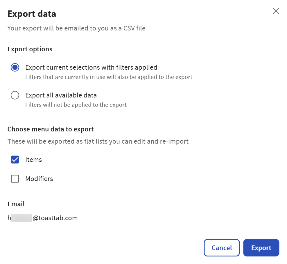 The Export data dialog in its default state when selected from Items view, which has the "Export current selections with filters applied" and the "Items" options selected.
