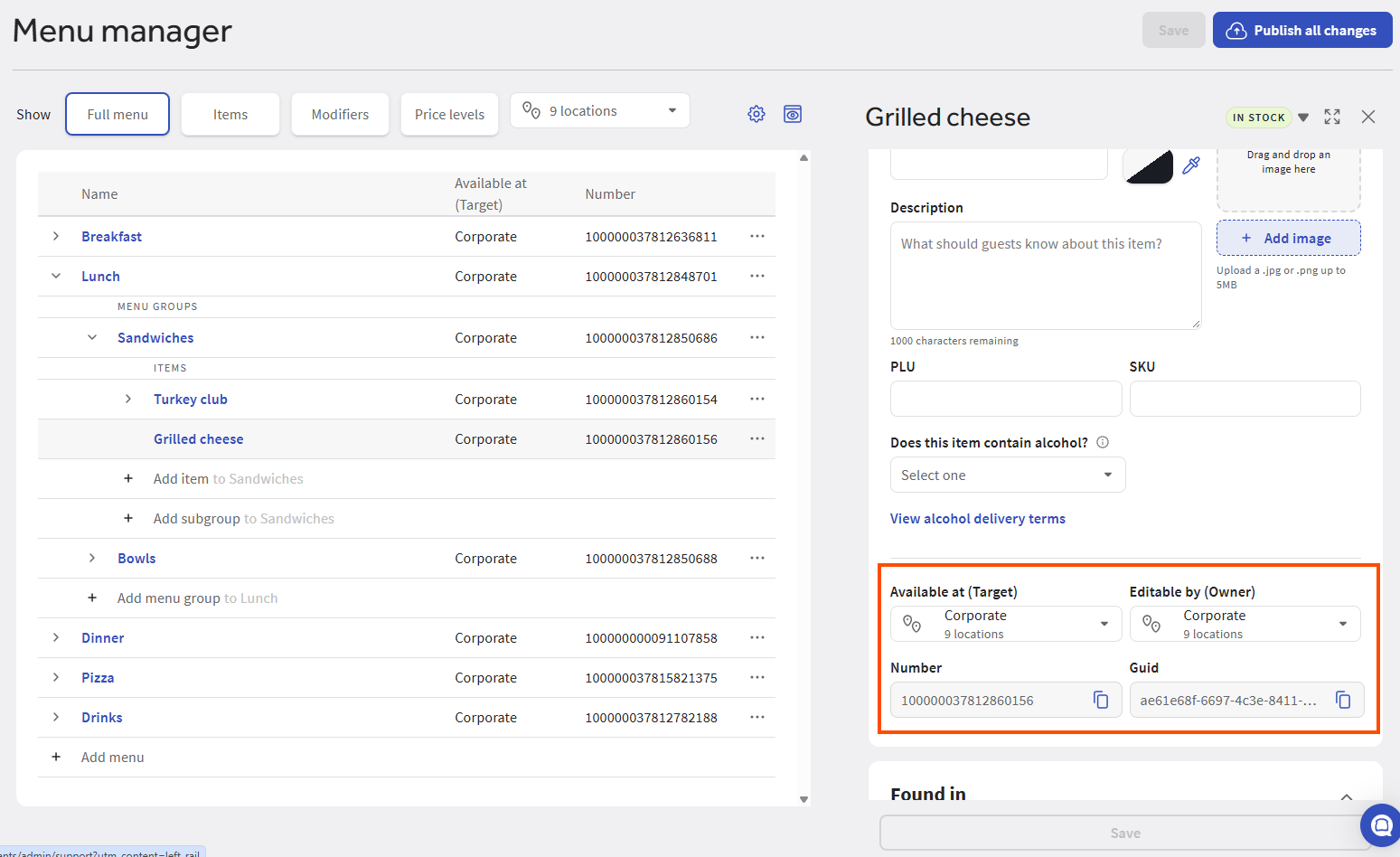 Example of the General info section of a menu details page.