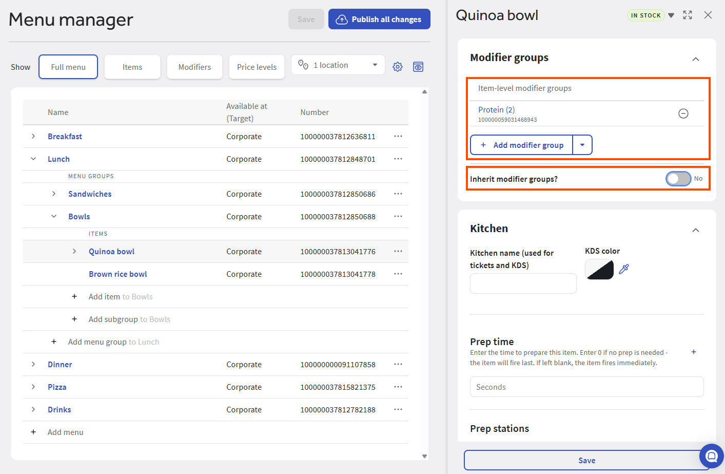 An example of a menu item with the Inherit modifier groups? setting set to No.