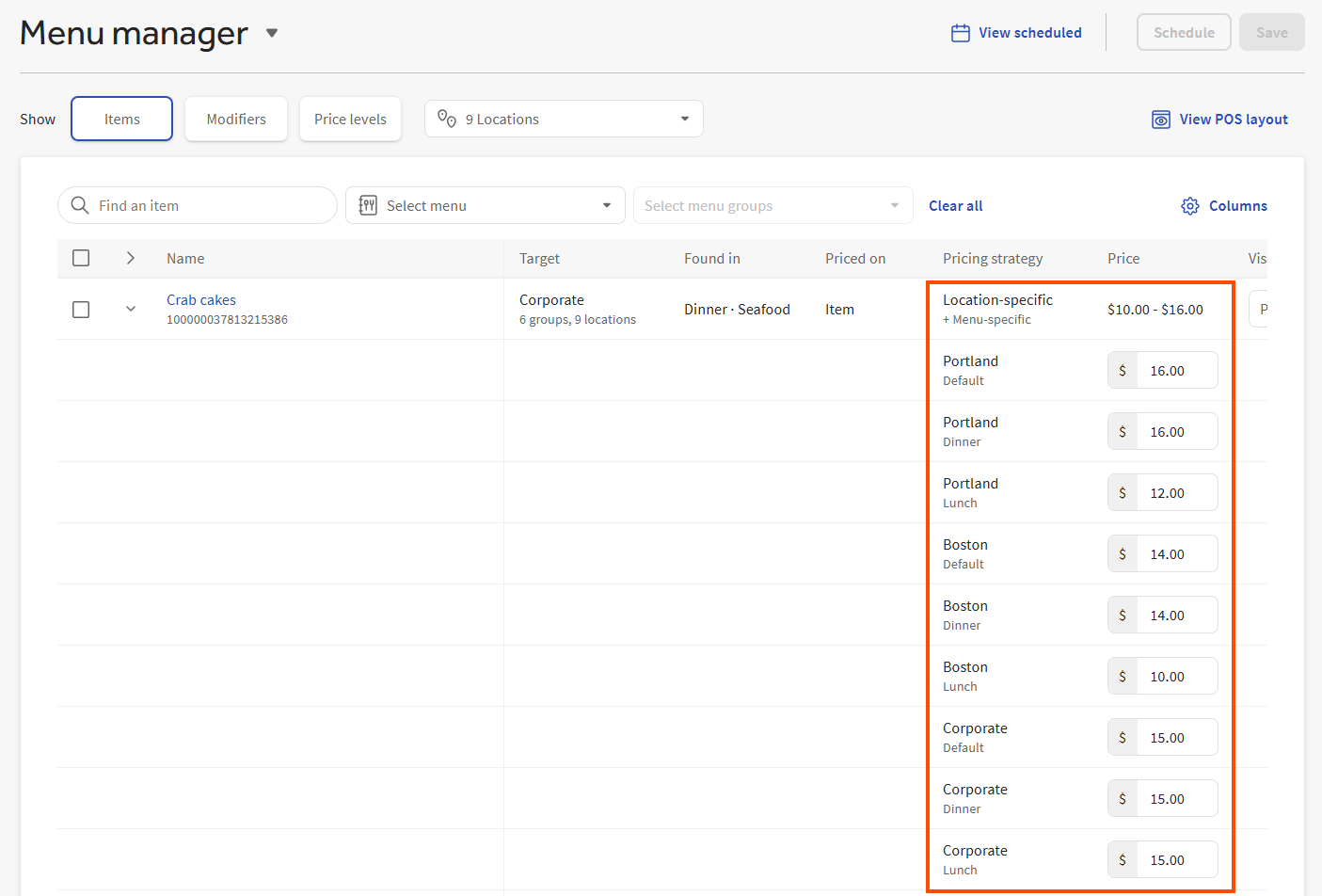 An example of an expanded row for a menu item that uses location-specific prices with nested menu-specific prices.