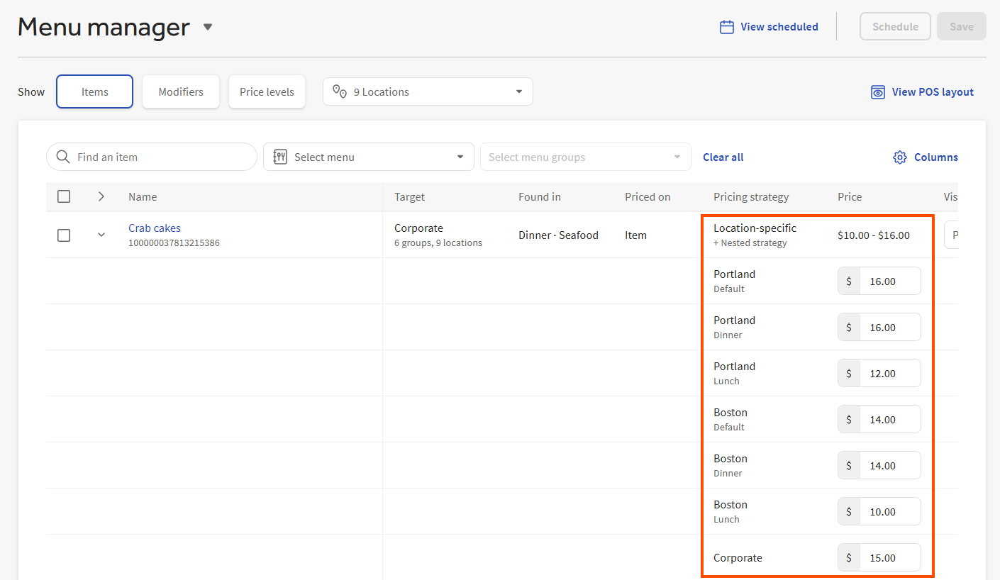 An example of an expanded row for a menu item that uses location-specific prices with a variety of nested pricing strategies.