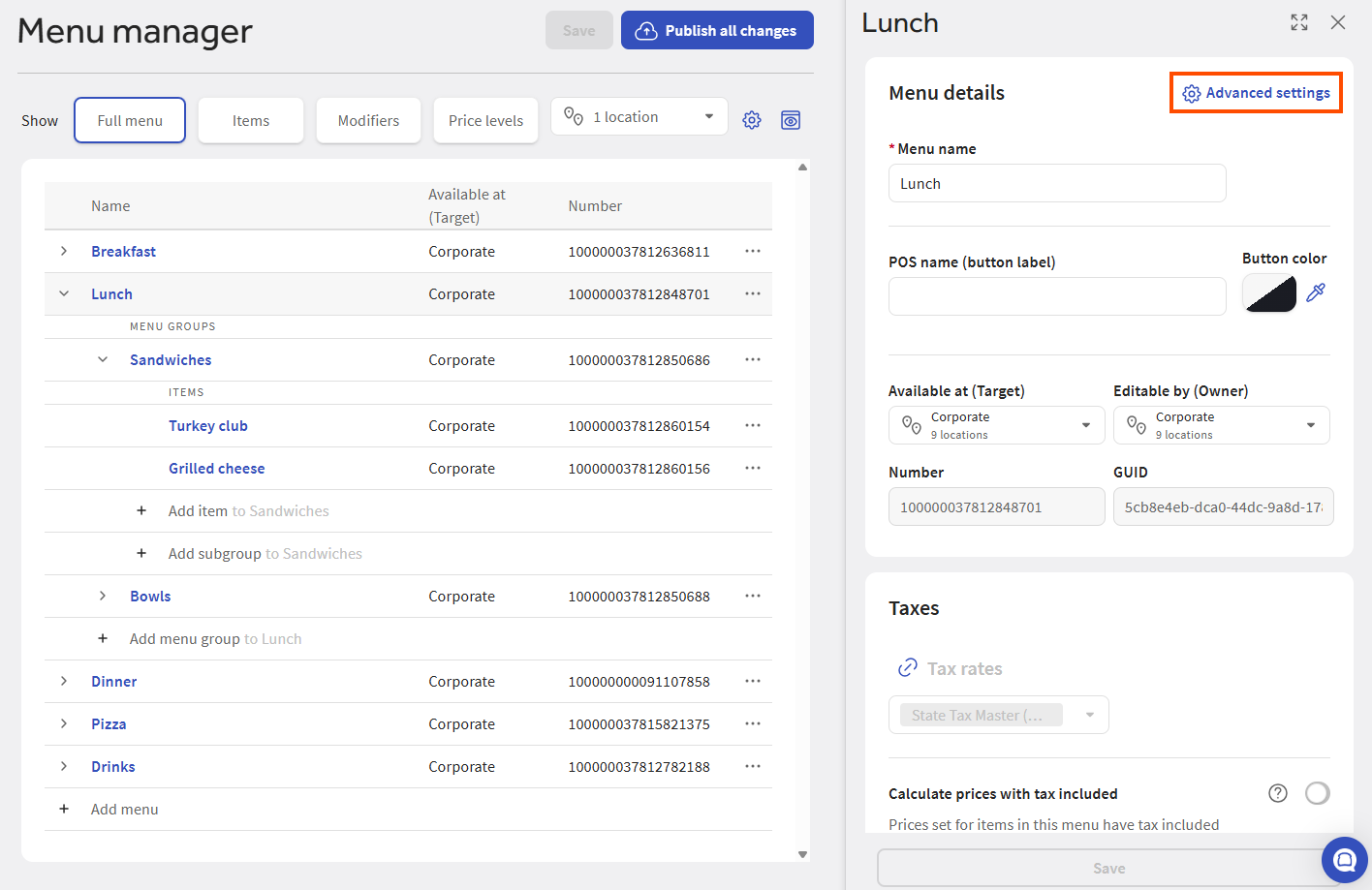 The location of the Advanced settings link on a menu side panel.