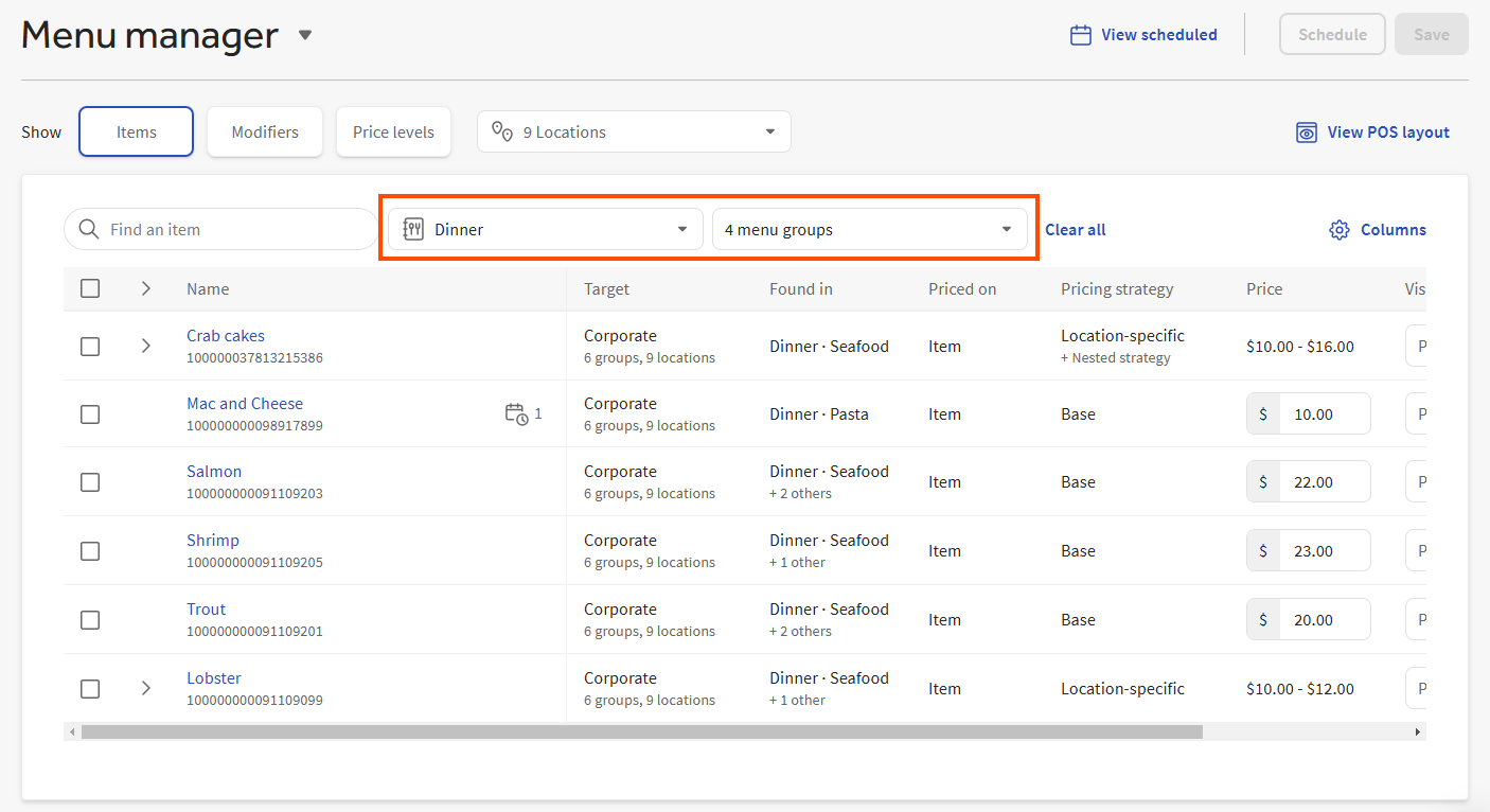 An example of the menu manager page showing the menu and menu group filtering controls.