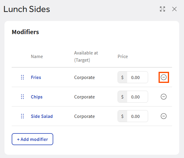 The location of a modifier's remove icon.