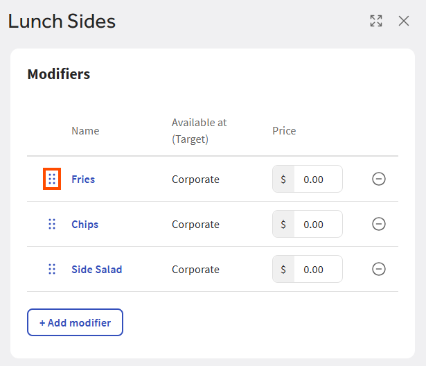 The location of a modifier's reorder icon.