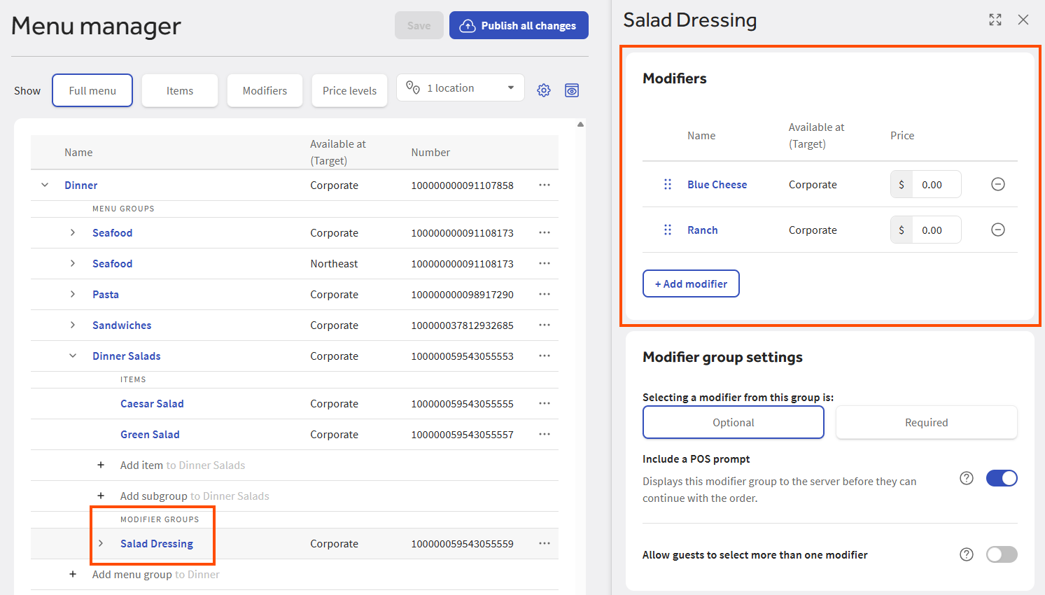 A modifier group details page with the Modifiers section displayed.