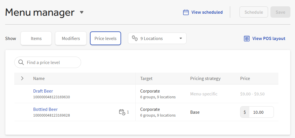 An example of the Menu manager page, showing the columns for price levels.