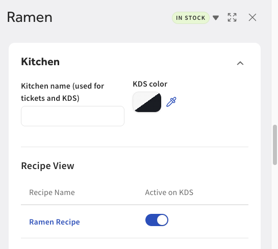The Recipe View section of a menu item, with the recipe toggled to be active on KDS devices.