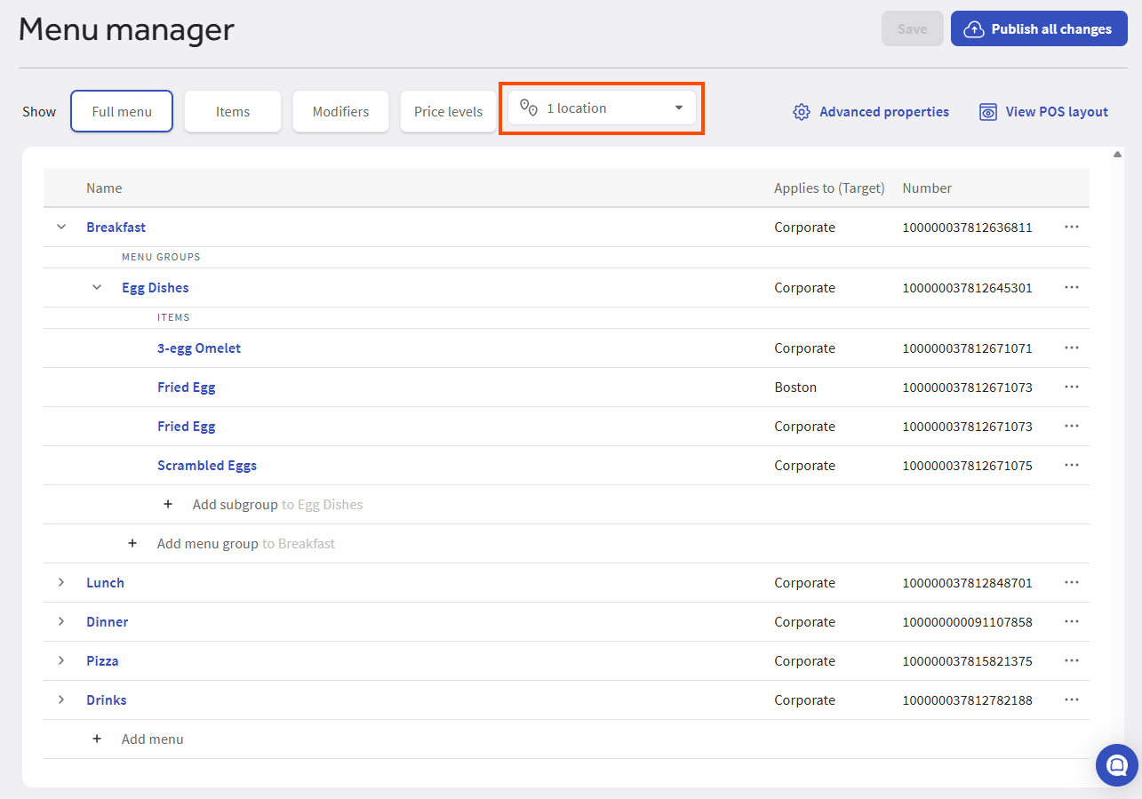 The location of the search and filtering controls on Full menu view.