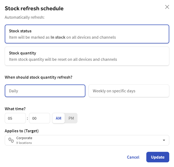 An example of the additional settings in the Stock refresh schedule dialog when Stock status is selected.