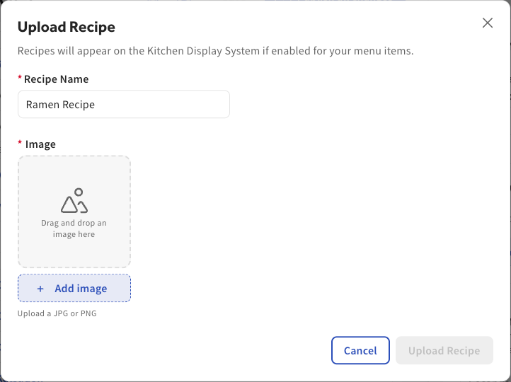 The Upload Recipe dialog when adding a recipe to a menu item.