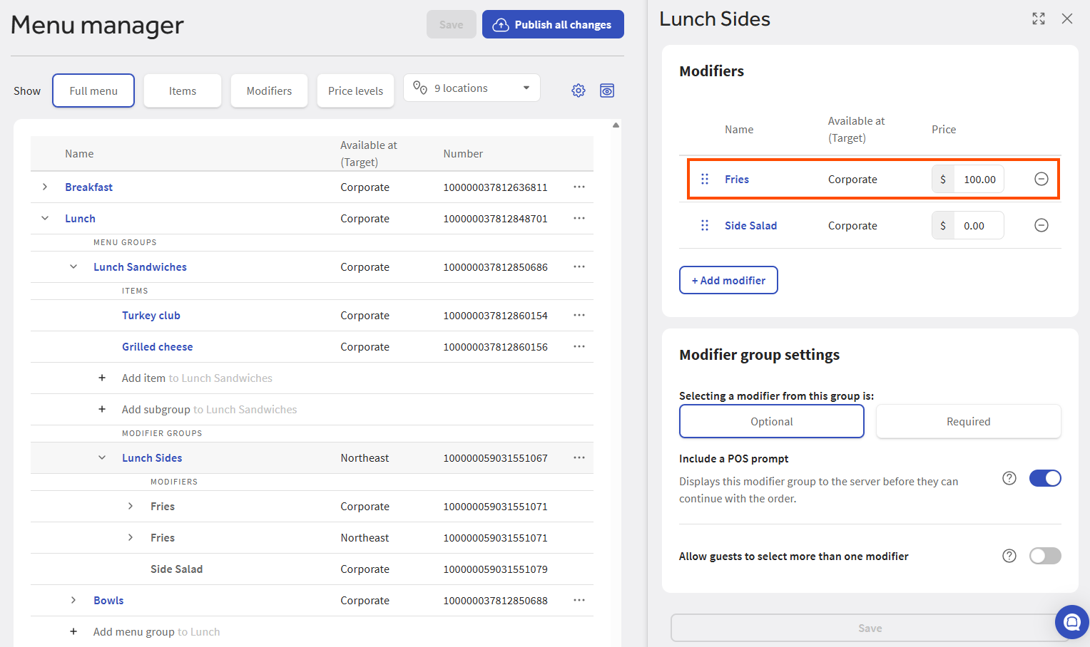 An example of Full menu view showing multiple rows for a versioned modifier.