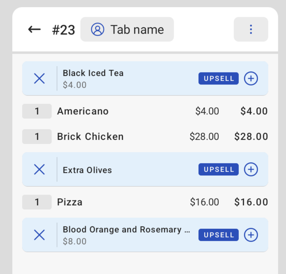 Shows multiple upsell recommendations on a Toast POS device.