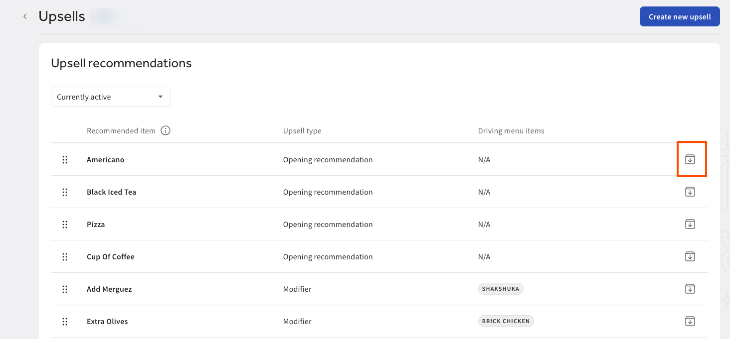 Shows the Archive button on the Upsell recommendations table in Toast Web.