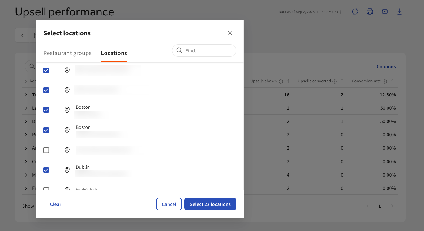 Shows the Select locations dialog in Toast Web.