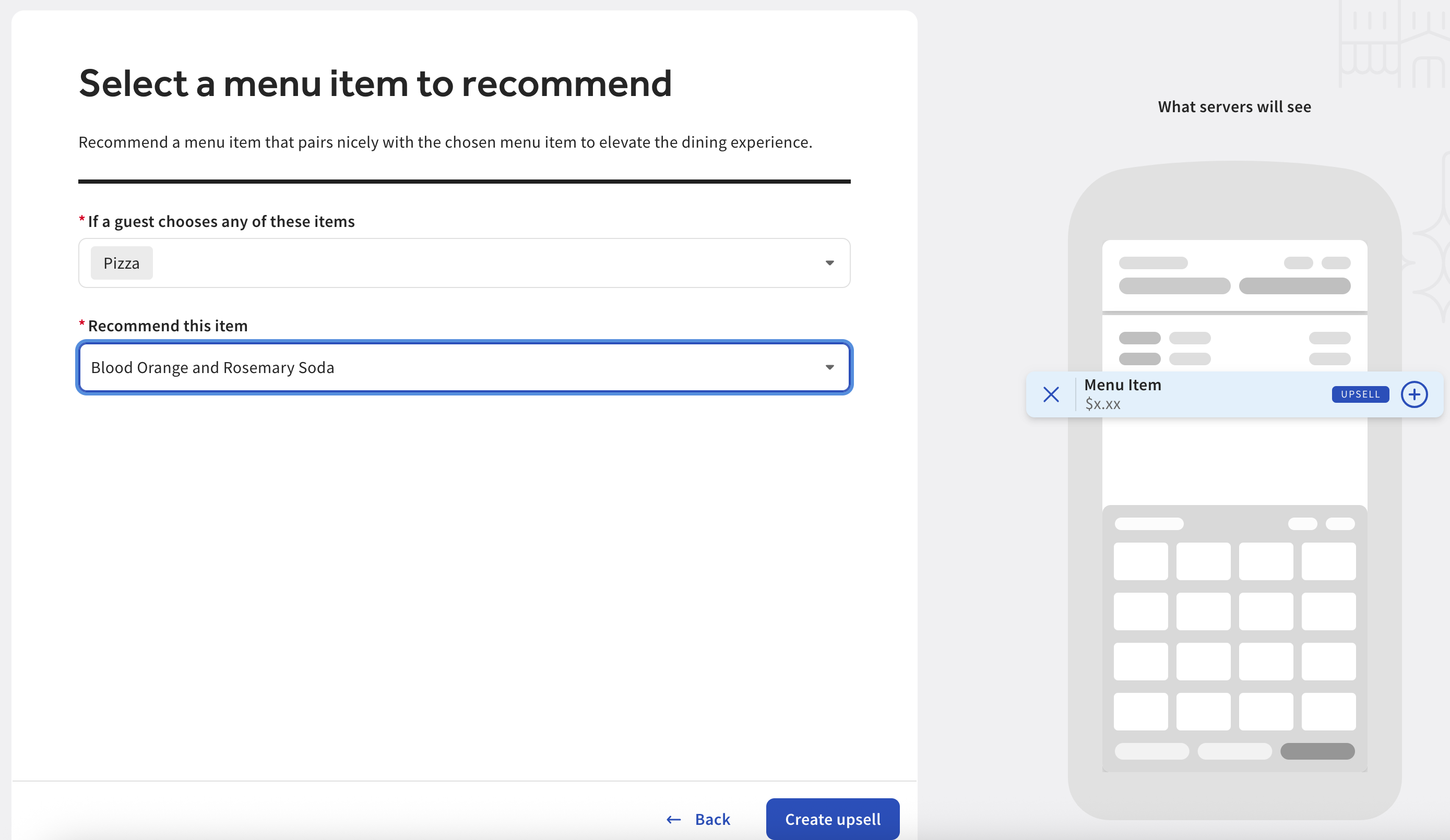 Shows the Select a menu item to recommend page in Toast Web.