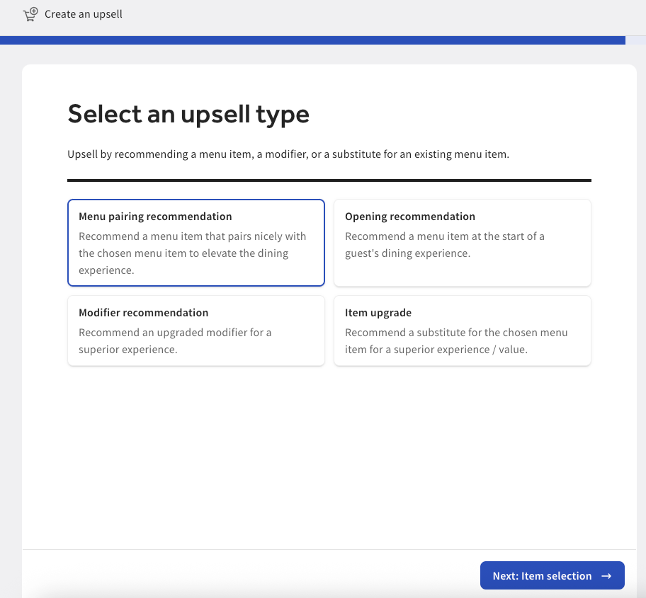 Shows the Select an upsell type page in Toast Web.